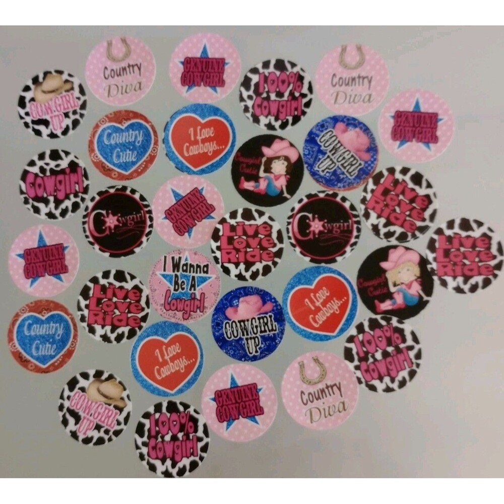 1" Card Stock Craft Circles Cowgirl Theme Bottle Caps 34 Count New #7